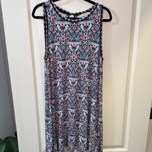 LOFT Black and Pink Patterned Midi Dress